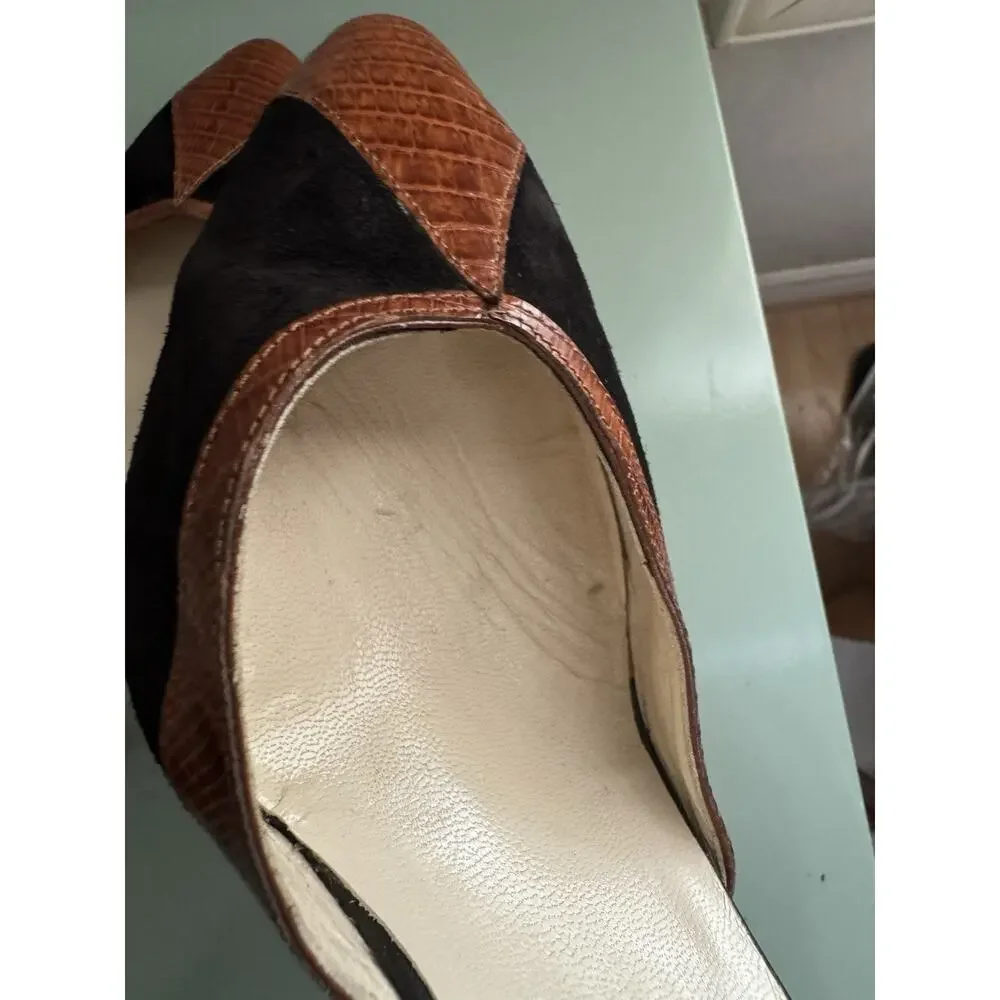 Vintage 90s Cleo Bottier Brown Alligator Black Suede Pumps Italy EU‎ 37 US 6.5